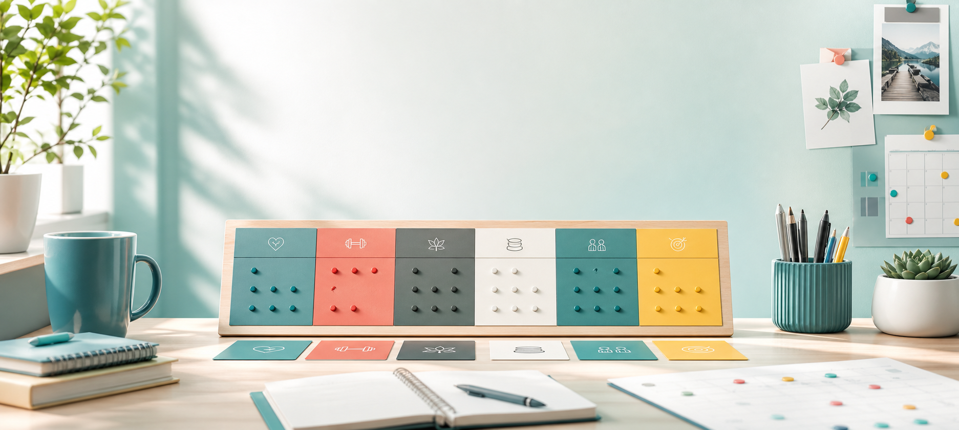 A leadership planning desk with scorecards, progress markers, and monthly planning materials